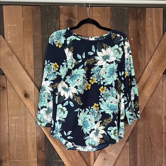 Van Heusen Tops - Van Heusen Floral Print Blouse - Navy and Aqua